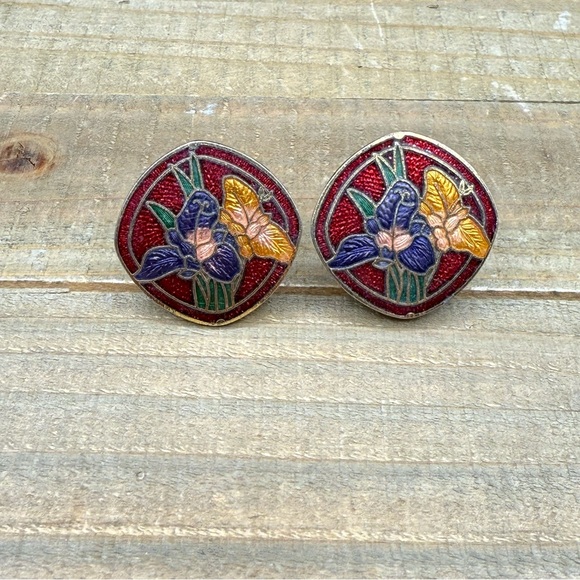 vintage cloisonné iris flower clip on earrings multi color pink purple and black - Picture 3 of 6